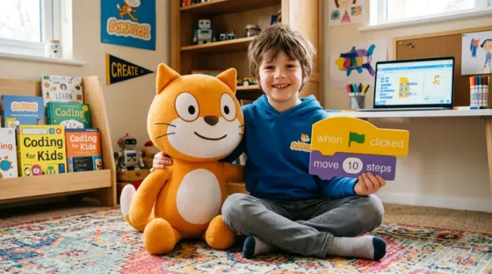 کودک در حال یادگیری برنامه نویسی با Scratch